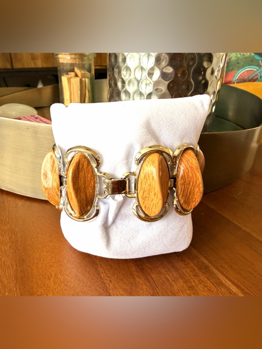 Vintage Silver and Faux Wood Link Bracelet - Picture 6 of 8